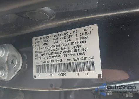 2010 Honda Accord 2.4 Lx z USA, uszkodzony, nr VIN 1HGCP2F35AA128236